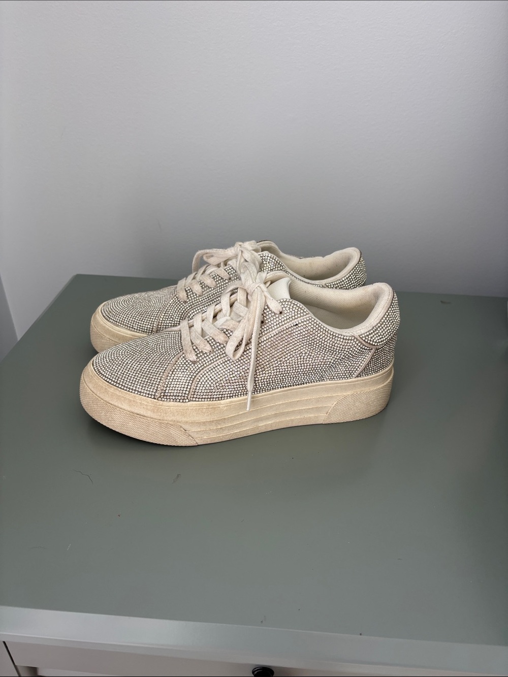 Beige Crystal-Embellished Platform Sneakers